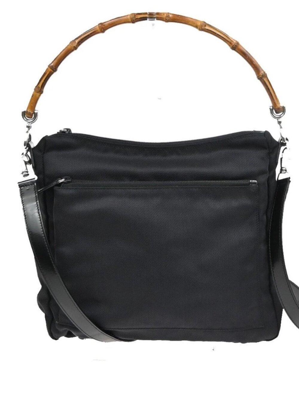 GUCCI Logo Bamboo 2Way Shoulder Hand Bag Nylon Leather Black SHW Italy 64ZA309